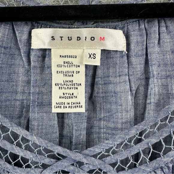 Studio M Dress Women’s XS Chambray Blue Babydoll Lace Detail Neckline Cap Sleeve - Picture 9 of 10
